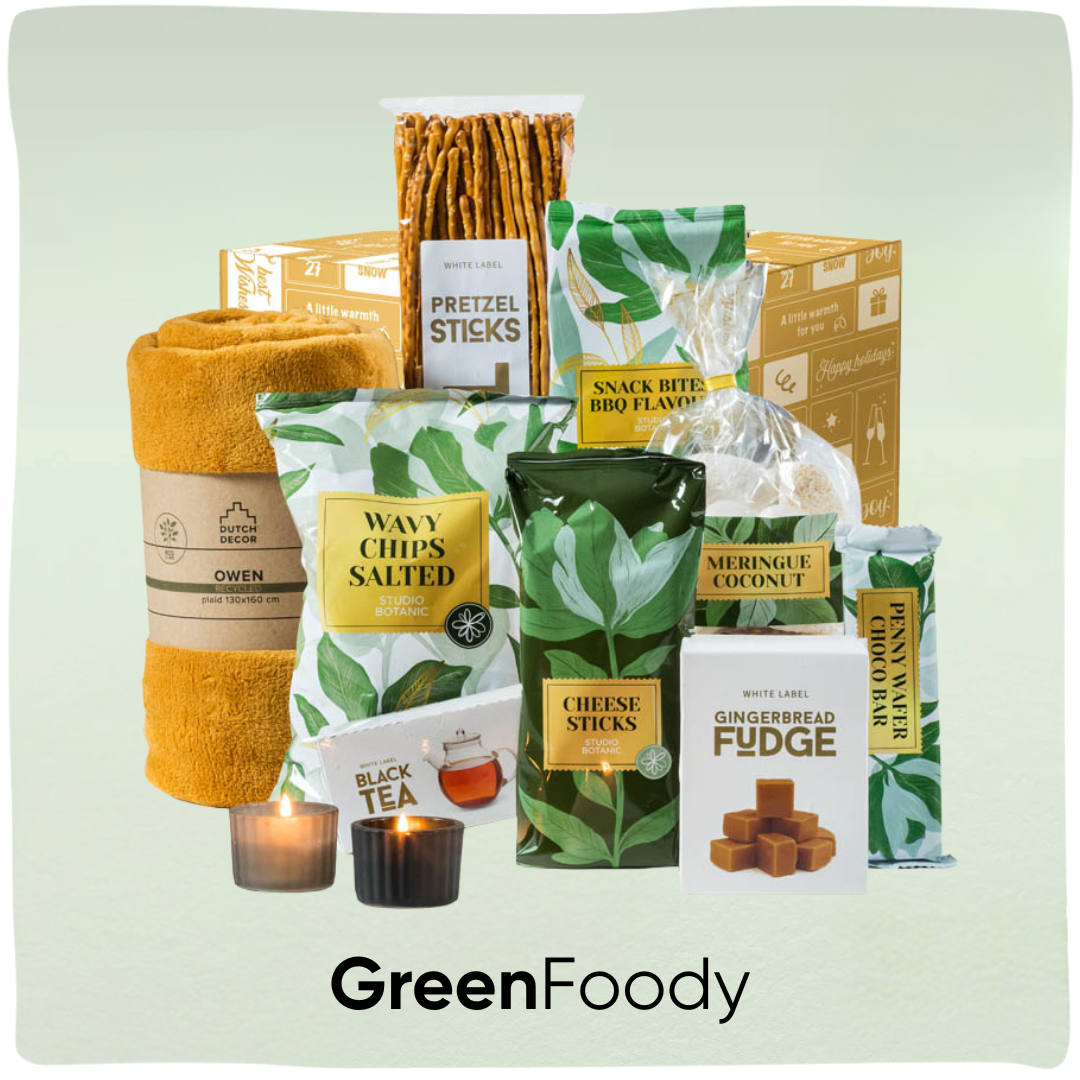 GreenFoody | Duurzaam kerstpakket met snacks en een gerecyclede plaid