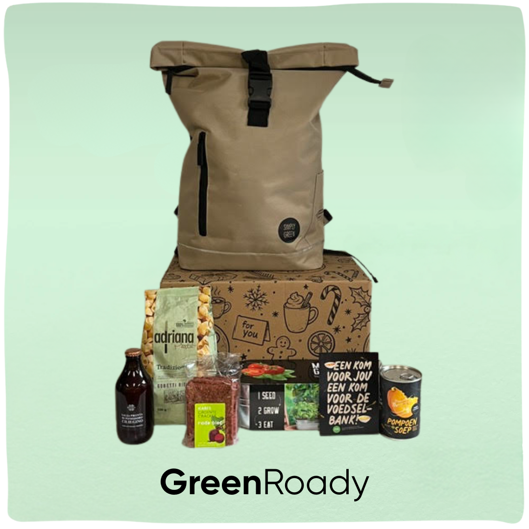 GreenRoady | Duurzaam kerstpakket met RPET rugtas en snacks