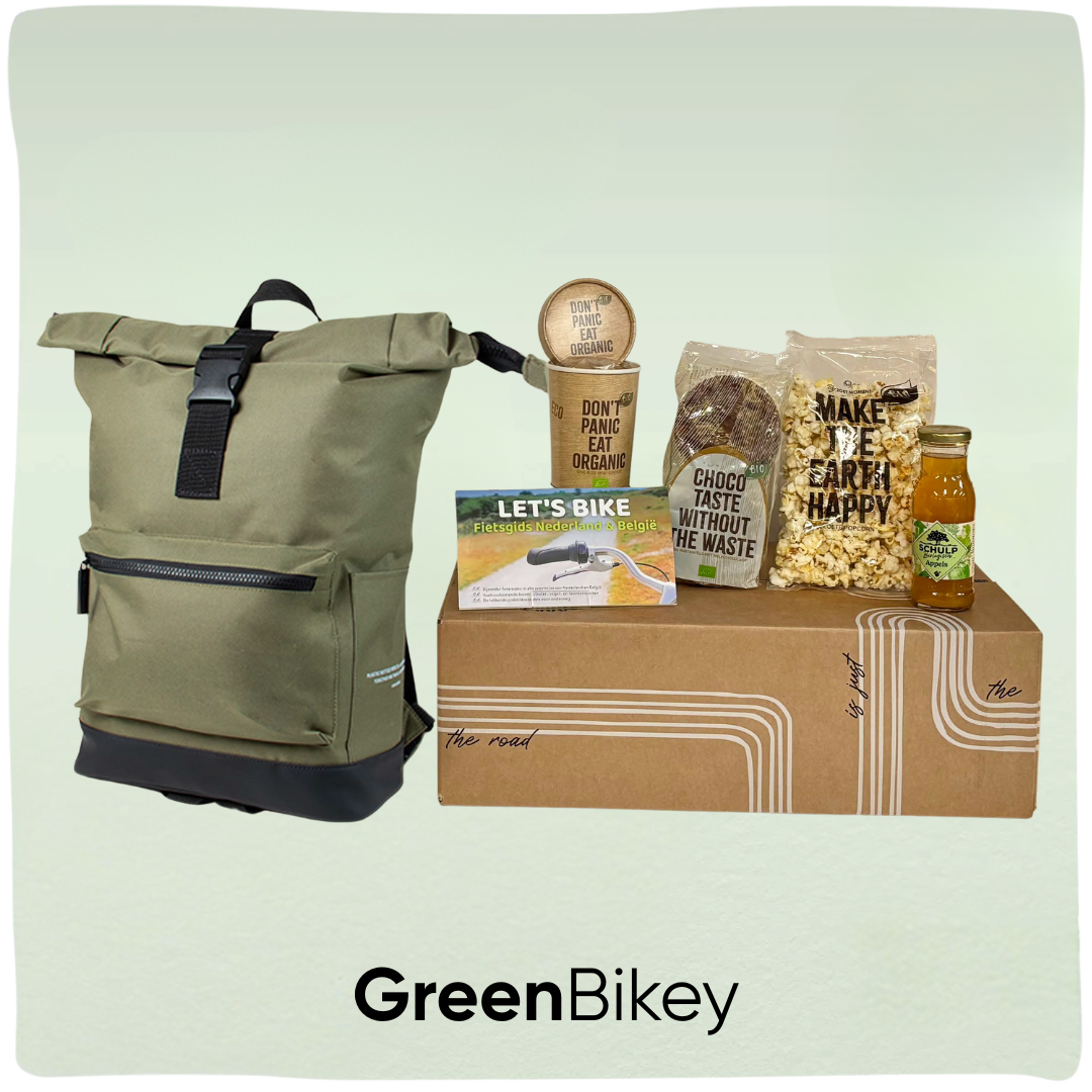 GreenBikey | Duurzaam kerstpakket met rPET rugzak en biologische snacks
