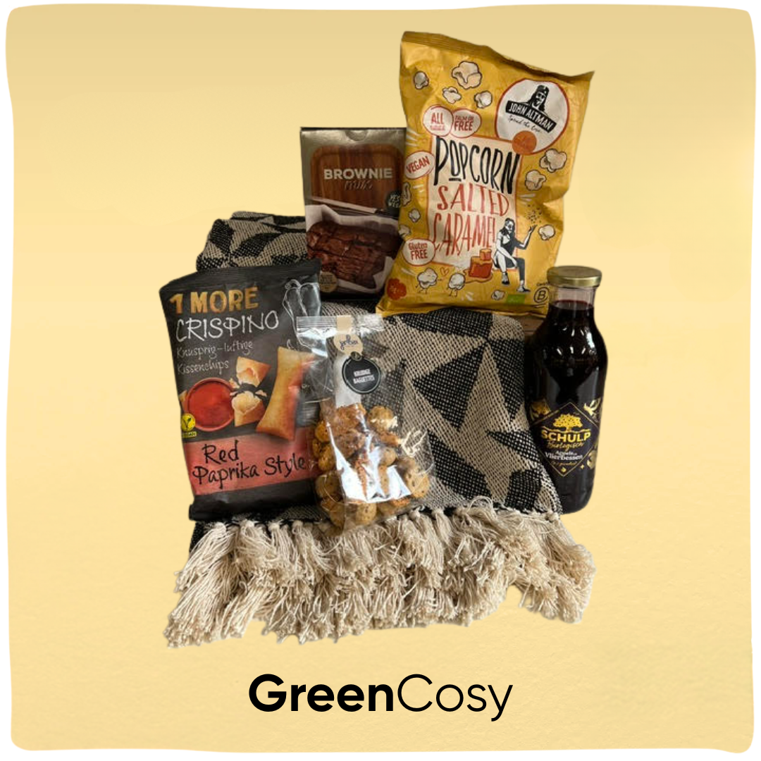 GreenCosy | Duurzaam kerstpakket met recycled cotton plaid en snacks