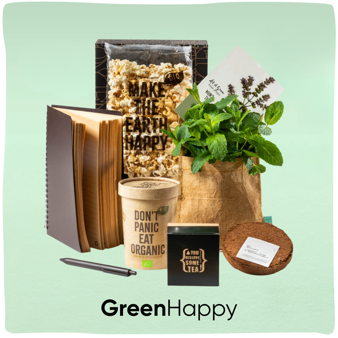 GreenHappy | Duurzaam kerstpakket met notitieboek en biologische snacks