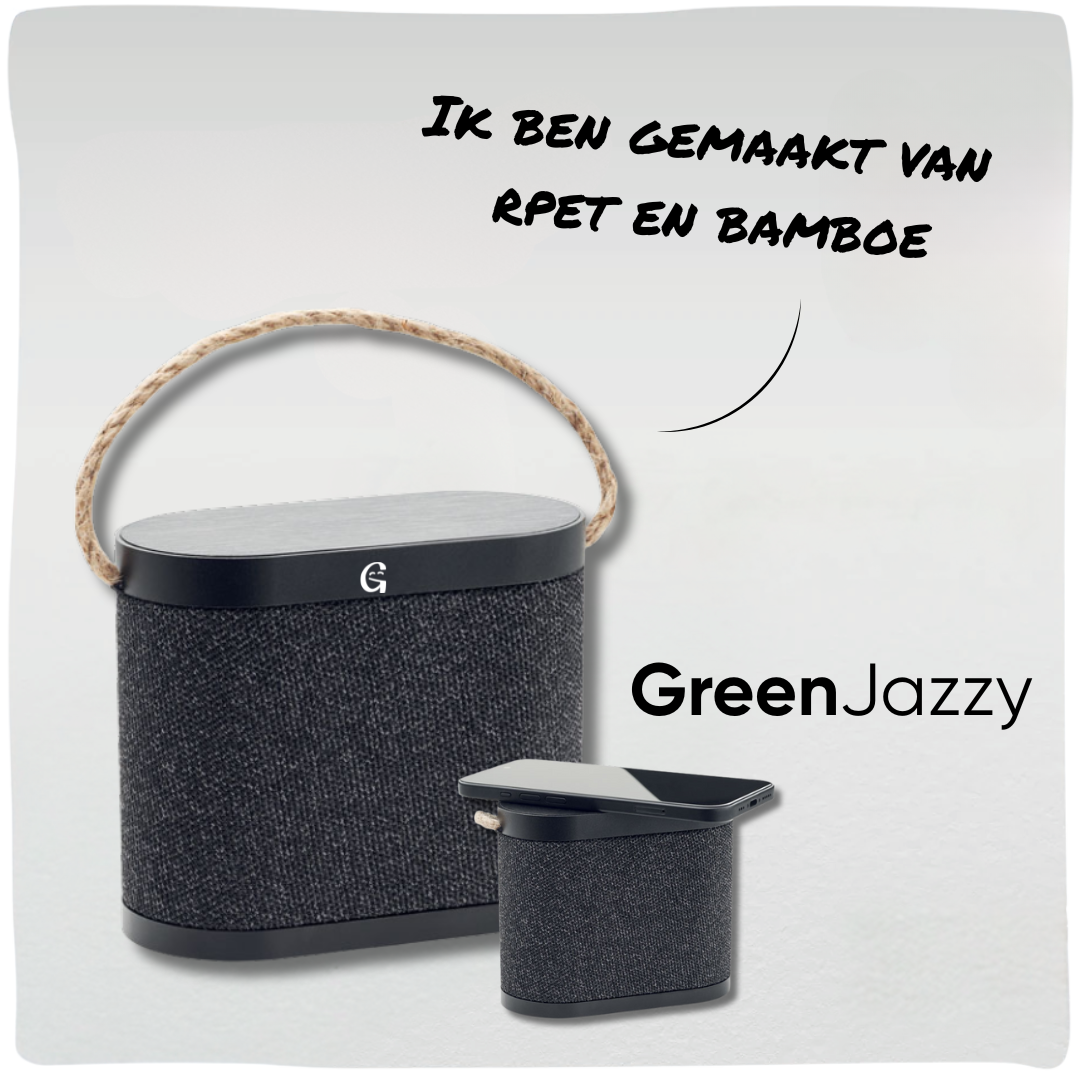 GreenJazzy | Eco speaker & draadloze oplader van rPET en bamboe