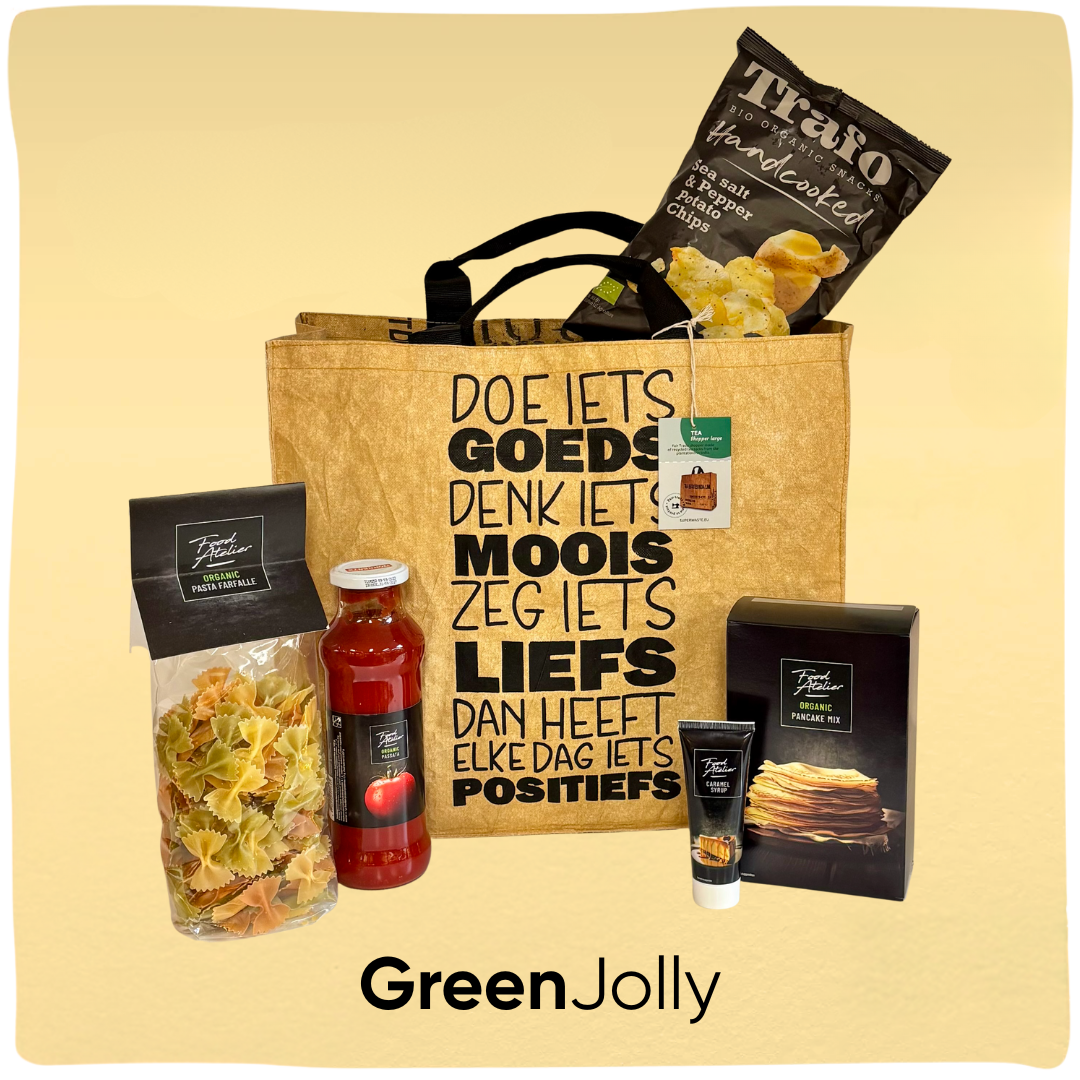 GreenJolly | Duurzaam kerstpakket met thee-shopper en organische snacks